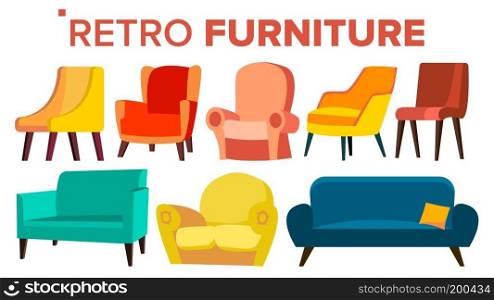 Retro Furniture Vector. Vintage 1950s, 1960s Armchair Sofa. Mid Century Interior. Isolated Cartoon Illustration