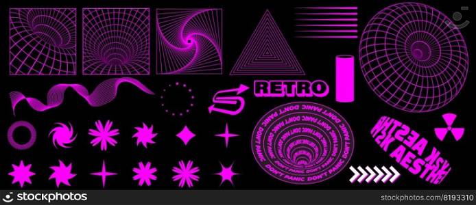 Retro futuristic design elements. 3D wireframe shapes in trendy retro cyberpunk 80s 90s style. Y2k aesthetic. Retro futuristic design elements. 3D wireframe shapes in trendy retro cyberpunk 80s 90s style. Y2k aesthetic.