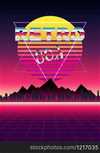 Retro futuristic landscape night city background 1980s style. Vector illustration