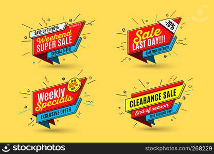 Retro-futuristic promotion banner, scroll, price tag. Vector illustration set. Retro-futuristic promotion banner, price tag and sale