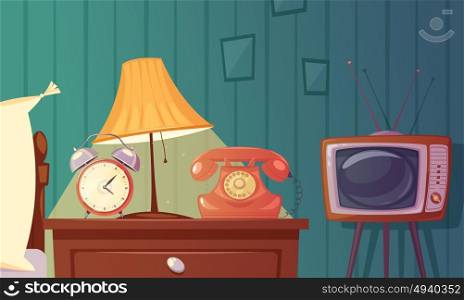 Retro Gadgets Cartoon Composition . Retro gadgets cartoon composition with alarm clock phone tv lamp nightstand in bedroom vector illustration