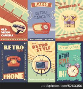 Retro Gadgets Cartoon Posters. Retro gadgets cartoon posters with camera radio musical player phone tv alarm clock vector illustration