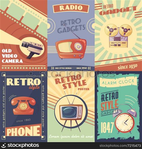 Retro gadgets cartoon posters with camera radio musical player phone tv alarm clock vector illustration. Retro Gadgets Cartoon Posters