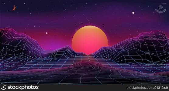 Retro game, neon music party background. Techno style, future electronic rave, line wave space, cyber surface 90s computer technology. Digital landscape with mountains and sun 80s. Vector poster. Retro game, neon music party background. Techno style, future electronic rave, line wave space, 90s computer technology. Landscape with mountains and sun 80s. Vector poster