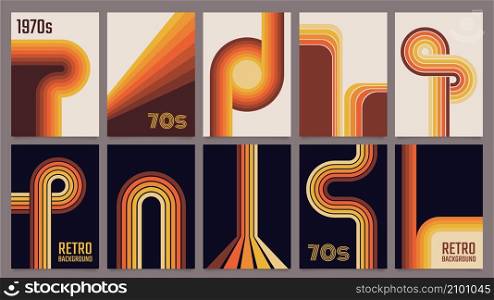 Retro geometric lines posters, 1970s style stripes prints. Fun abstract color line poster, vintage 70s colorful minimalist poster vector set. Creative curves of brown, yellow and orange colors. Retro geometric lines posters, 1970s style stripes prints. Fun abstract color line poster, vintage 70s colorful minimalist poster vector set