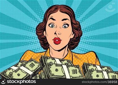 Retro girl and a lot of money. Pop art vector illustration. Business and Finance. Retro girl and a lot of money