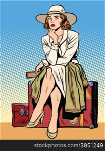 retro girl passenger with a ticket pop art retro style. The hours of waiting. Passenger trip journey tour. The ticket for the transport. retro girl passenger with a ticket