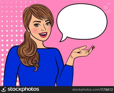 Retro girl with empty speech bubble. Vintage woman shows by hand and says comic vector illustration. Retro girl with empty speech bubble