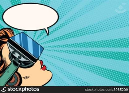 Retro girl with glasses virtual reality pop art retro vector. Woman using virtual reality headset. Girl playing or watching a movie. Retro girl with glasses virtual reality