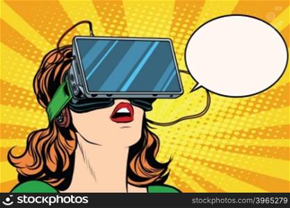 Retro girl with glasses virtual reality pop art retro vector. Woman using virtual reality headset. vr glasses vector. Retro girl with glasses virtual reality