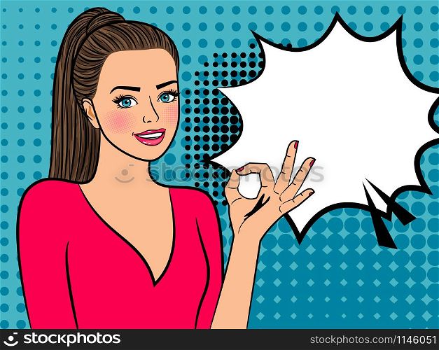Retro girl with ok sign. Happy perfect vintage woman portrait with ok hand gesture vector illustration. Retro girl with ok sign
