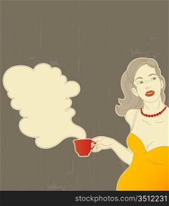 retro girl with red steaming cup of coffee in her hand