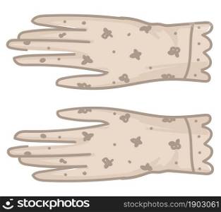 Retro gloves made of leather or light fabric, isolated vintage clothes for women in victorian epoch or baroque. Elegant modern accessories for outfit for ladies, shop or store. Vector in flat style. Vintage gloves with white lace and deco ornaments