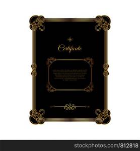 Retro golden frame certificate template with black background. Vector illustration. Retro golden frame certificate on black