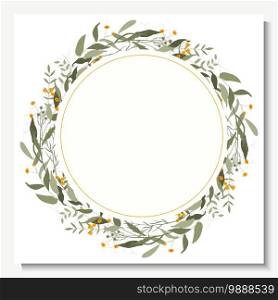 Retro greenery wreath in watercolor style, vintage geometric frame with leaves, foliage and botanical wedding elements. Hand drawn green eucalyptus, fern, chamomile, cosmey flowers, isolated template vector illustration.