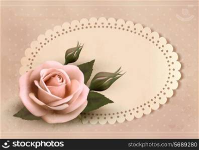 Retro greeting card with pink rose. Vector illustration.