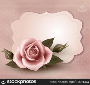 Retro greeting card with pink rose. Vector illustration