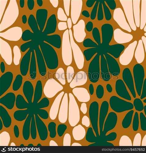 Retro groovy floral background. Creative flowers seamless pattern. Abstract stylized botanical wallpaper. Design for fabric, textile print, wrapping paper, fashion, interior, cover, illustration. Retro groovy floral background. Creative flowers seamless pattern. Abstract stylized botanical wallpaper.