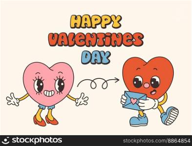 Retro Groovy Valentine s day characters with slogans about love. Trendy 70s cartoon style. Card, postcard, print vector