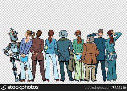Retro group of businessmen and businesswomen with the robot on isolated background. Pop art vector illustration. Retro group of businessmen and businesswomen with the robot on i