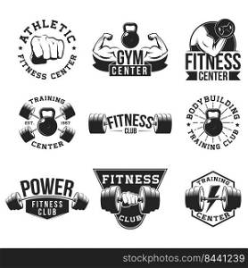 Retro gym flat emblem set. Aggressive hot design for sport club posters, logos, icons and stamps vector illustration collection. Bodybuilding and workout concept