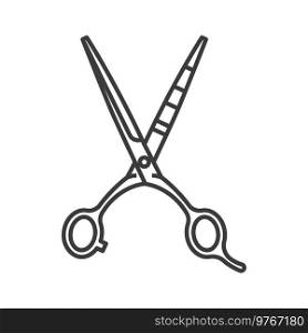 Retro hair cutting scissors isolated line art icon. Vector outline hair-cut tool. Professional barber accessory to cut and trim, tailoring tool. Old silver scissors, barbershop hairdressing instrument. Open hair cutting scissors outline barbershop tool
