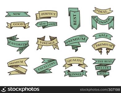 Retro hand drawn cartoon vector ribbons with marketing messages. Vintage ribbon set isolated on white background. Retro hand drawn cartoon vector ribbons with marketing messages isolated