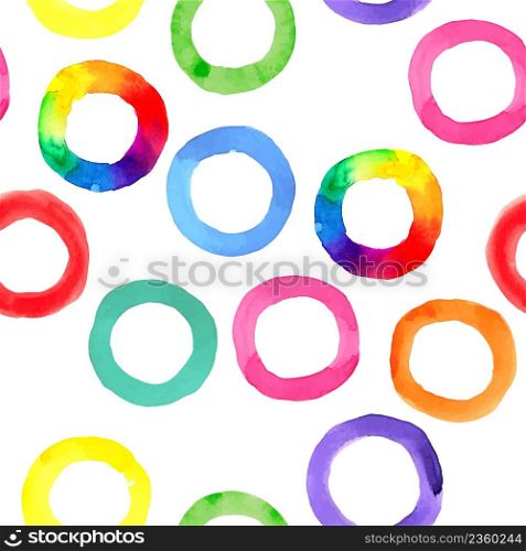 Retro hand drawn circles ornament. Round shapes seamless pattern. Watercolor rainbow rings.