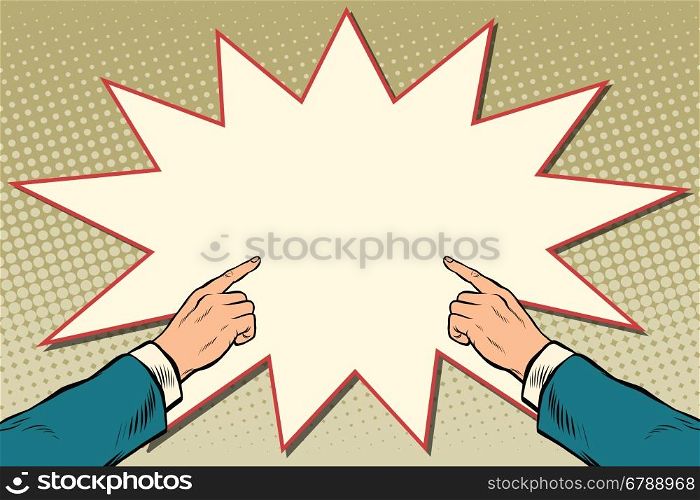 Retro hand pointing to the center, pop art vector illustration