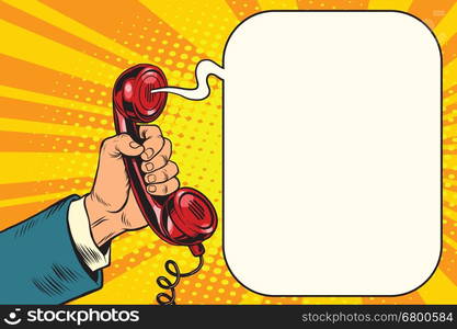 Retro handset in hand, pop art retro vector illustration. Phone and gadgets