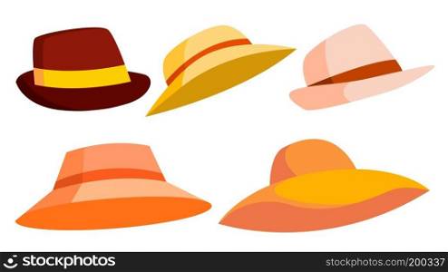 Retro Hat Set Vector. Brown. Classic Traditional Hat For Man, Elegant Woman. Cloth Head Fashion. Isolated Cartoon Illustration