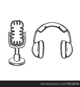 Retro headphones and desktop microphone with stand isolated on white background, sketch icons. Retro headphones and desktop microphone