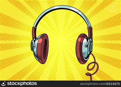 Retro headphones on a yellow background. Pop art vector illustration. Retro headphones on a yellow background