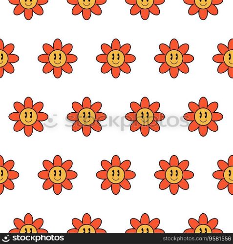 Retro hippie seamless pattern, smiley flowers, vector. Smiling flower on a white background.
