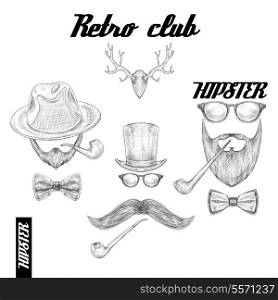 Retro hipster club accessories set for gentleman of glasses hat tobacco pipe bow mustache and beard isolated sketch vector illustration