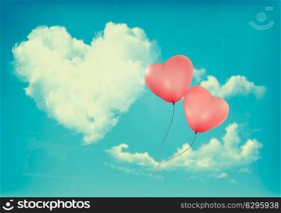 Retro Holiday background with heart shaped cloud on blue sky and red balloons. Valentine&rsquo;s Day. Vector illustration