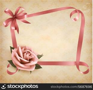 Retro holiday background with pink rose and ribbons. Vector illustration.