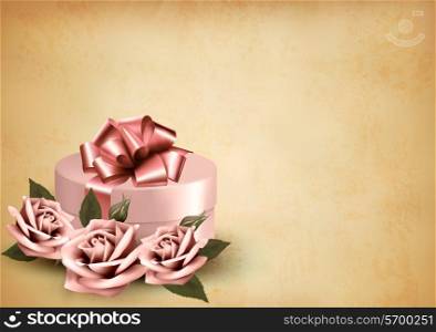 Retro holiday background with pink roses and gift box. Vector