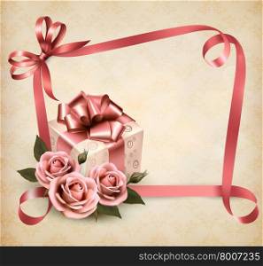 Retro holiday background with pink roses and gift box. Vector illustration.
