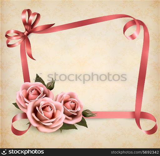 Retro holiday background with pink roses and ribbons. Vector illustration.