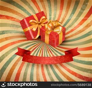 Retro holiday background with red gift ribbon with gift boxes. Vector
