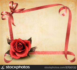 Retro holiday background with red rose and ribbons. Vector illustration.