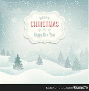 Retro holiday christmas background with winter landscape. Vector