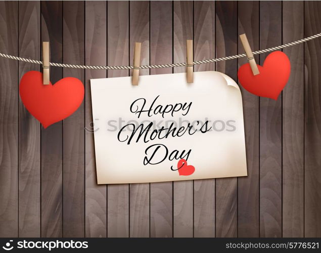 Retro holiday mother day background with red paper hearts on wooden texture. Vector