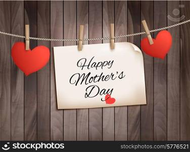 Retro holiday mother day background with red paper hearts on wooden texture. Vector