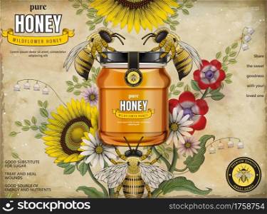 Retro honey ads, glass jar in 3d illustration with honey bees and elegant flowers around it, etching shading style background. Retro honey ads