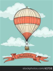 Retro hot air balloon with ribbon. Retro hot air balloon airship artistic background with vintage aeronautics ribbon. Vector illustration