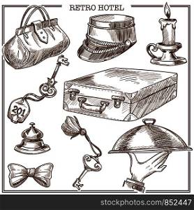 Retro hotel guest travel items and service staff accessory sketch icons. Vector set of traveler suitcase and bag, reception bell and room key with tag, doorman bow tie or porter hat and candle. Retro hotel guest travel items and service staff accessory vector sketch icons