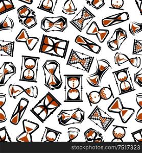 Retro hourglasses seamless pattern for time, deadline or timeout themes design with abstract cartoon sand clocks, sandglasses and stopwatches over white background. Retro cartoon hourglasses seamless pattern