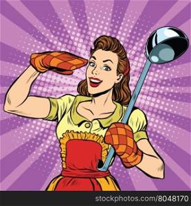 Retro housewife in kitchen, pop art vector illustration. Cooking and food